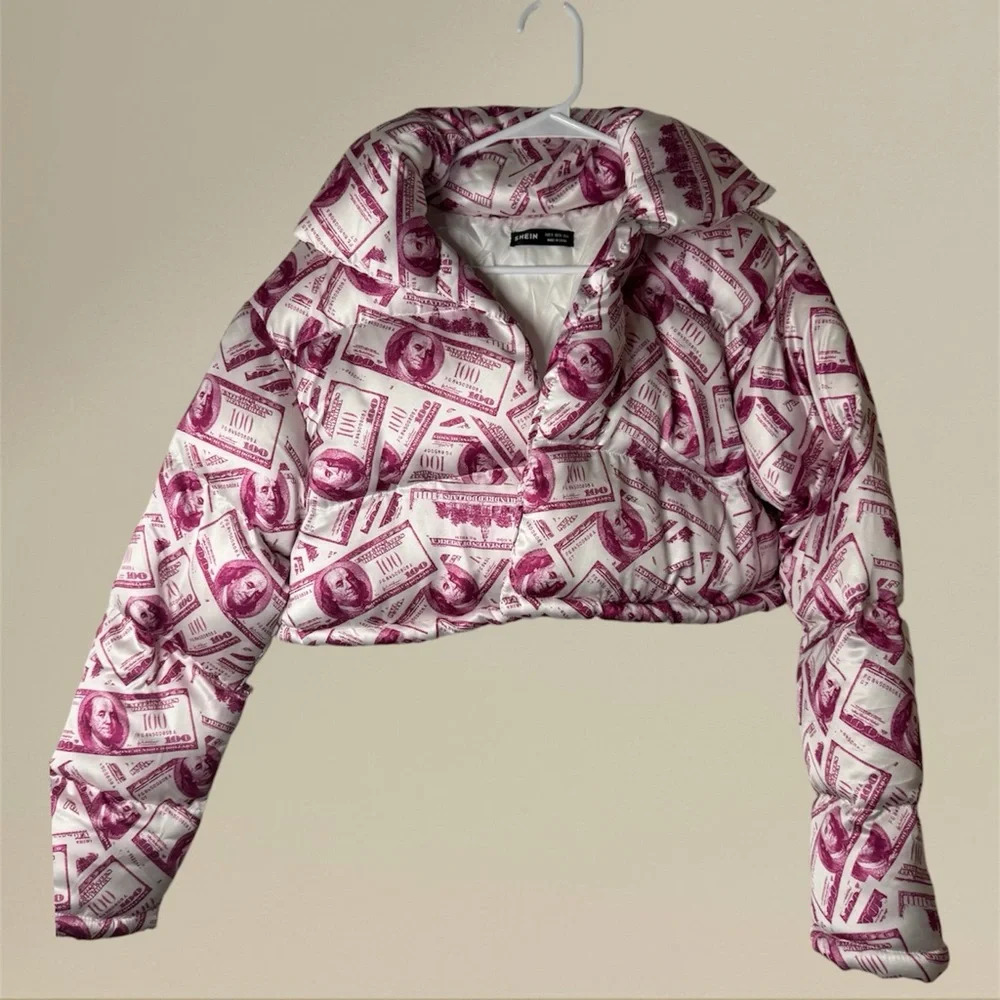 Preloved excellent condition Pink Money Print Cropped Puffer Jacket - Picture 2 of 3